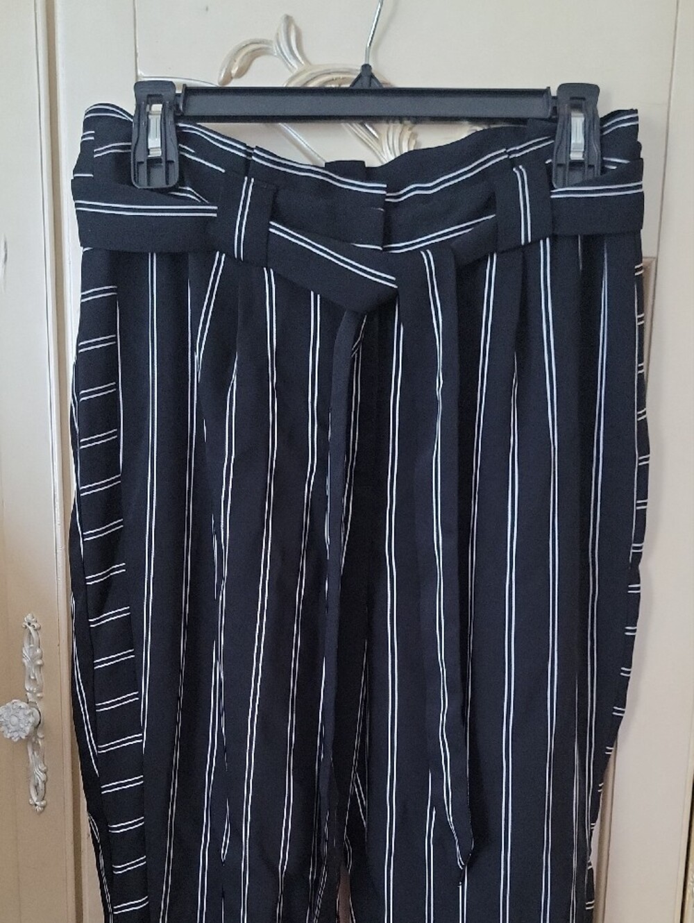 Express Navy Pinstripe High-Waist Wide-Leg Trousers with Self Tie - Picture 4 of 8